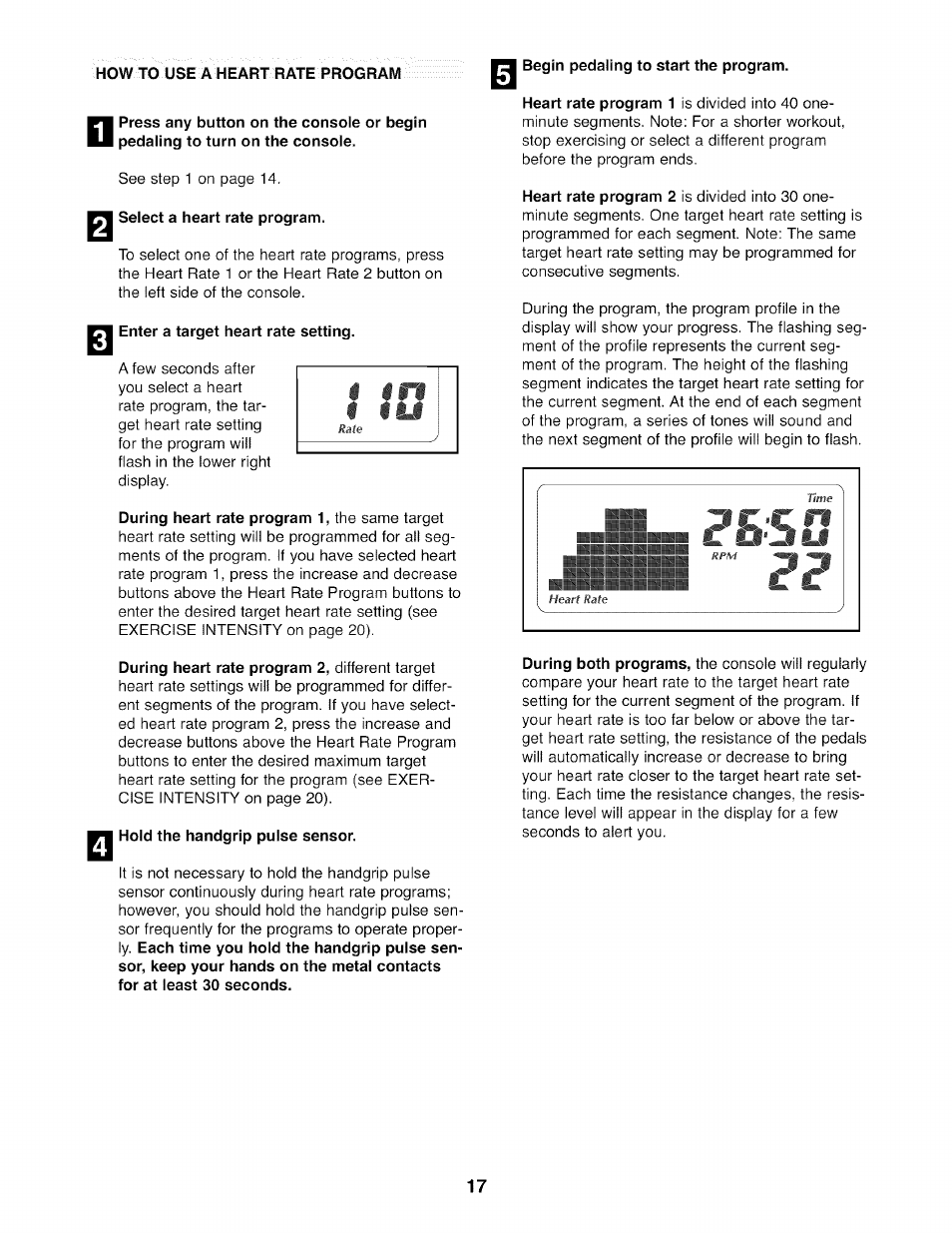 Select a heart rate program, Enter a target heart rate setting, Hold the handgrip pulse sensor | NordicTrack AUDIOSTRIDER NTEL7506.0 User Manual | Page 17 / 28