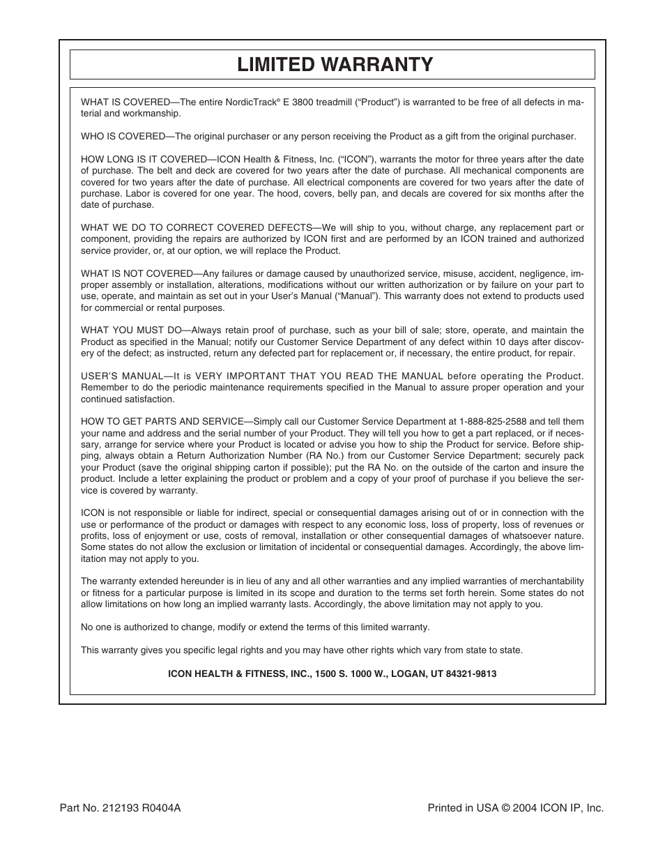 Limited warranty | NordicTrack NTL19922 User Manual | Page 34 / 34