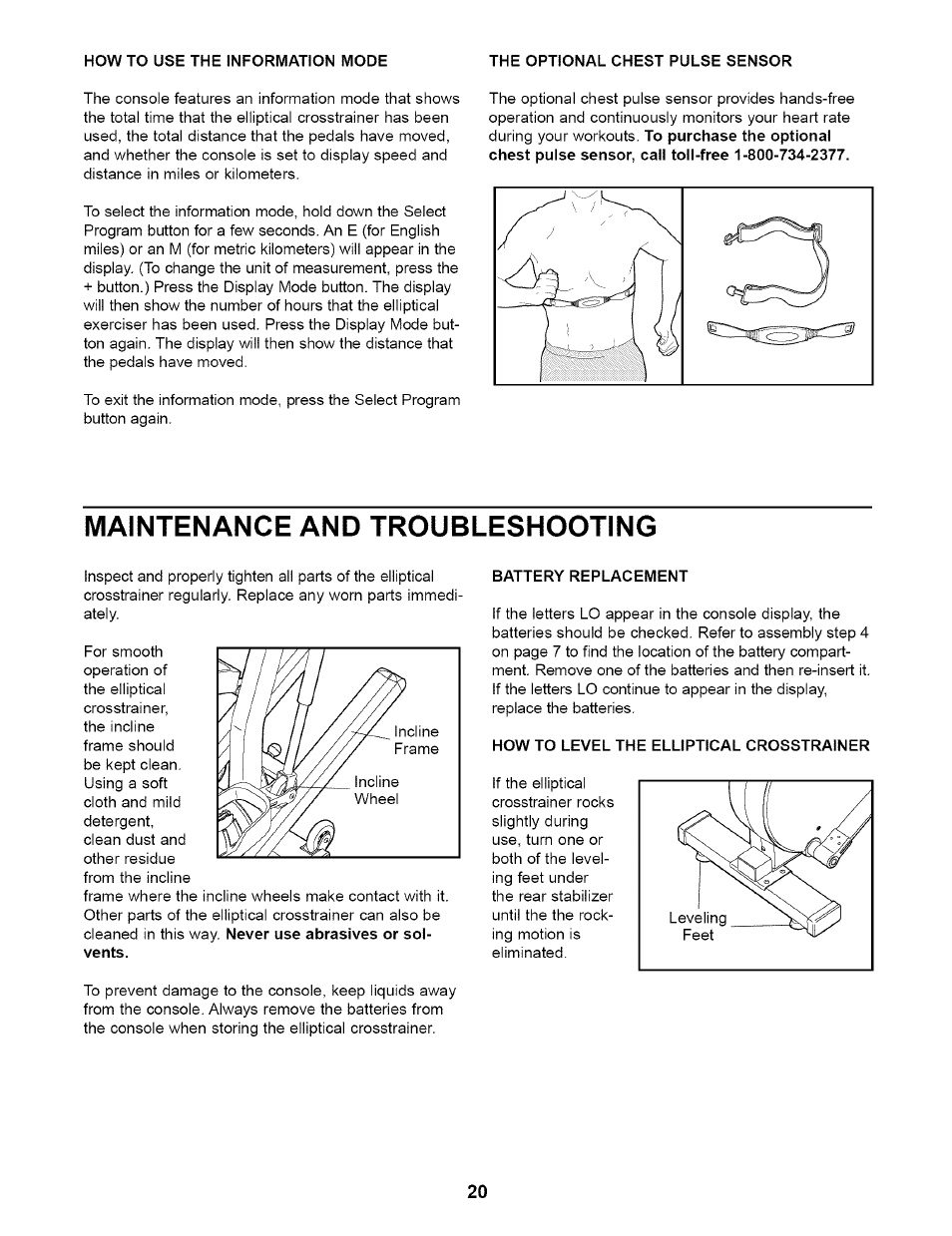 Maintenance and troubleshooting, Battery replacement, How to level the elliptical crosstrainer | NordicTrack CX 920 831.28353 User Manual | Page 20 / 24