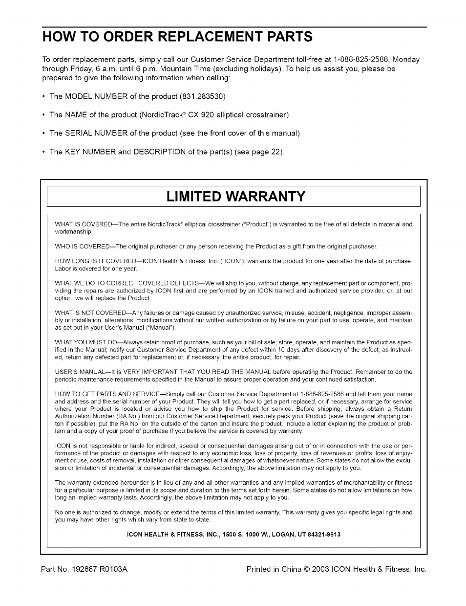 How to order replacement parts, Limited warranty | NordicTrack CX 920 831.28353 User Manual | Page 24 / 24