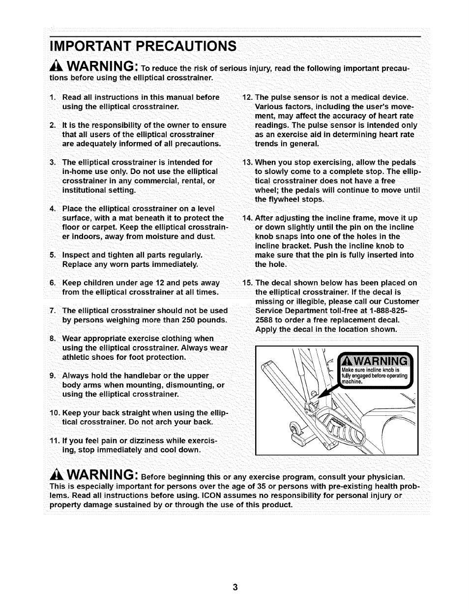 Important precautions, Important precautions a, A warning | Warning | NordicTrack CX 920 831.28353 User Manual | Page 3 / 24