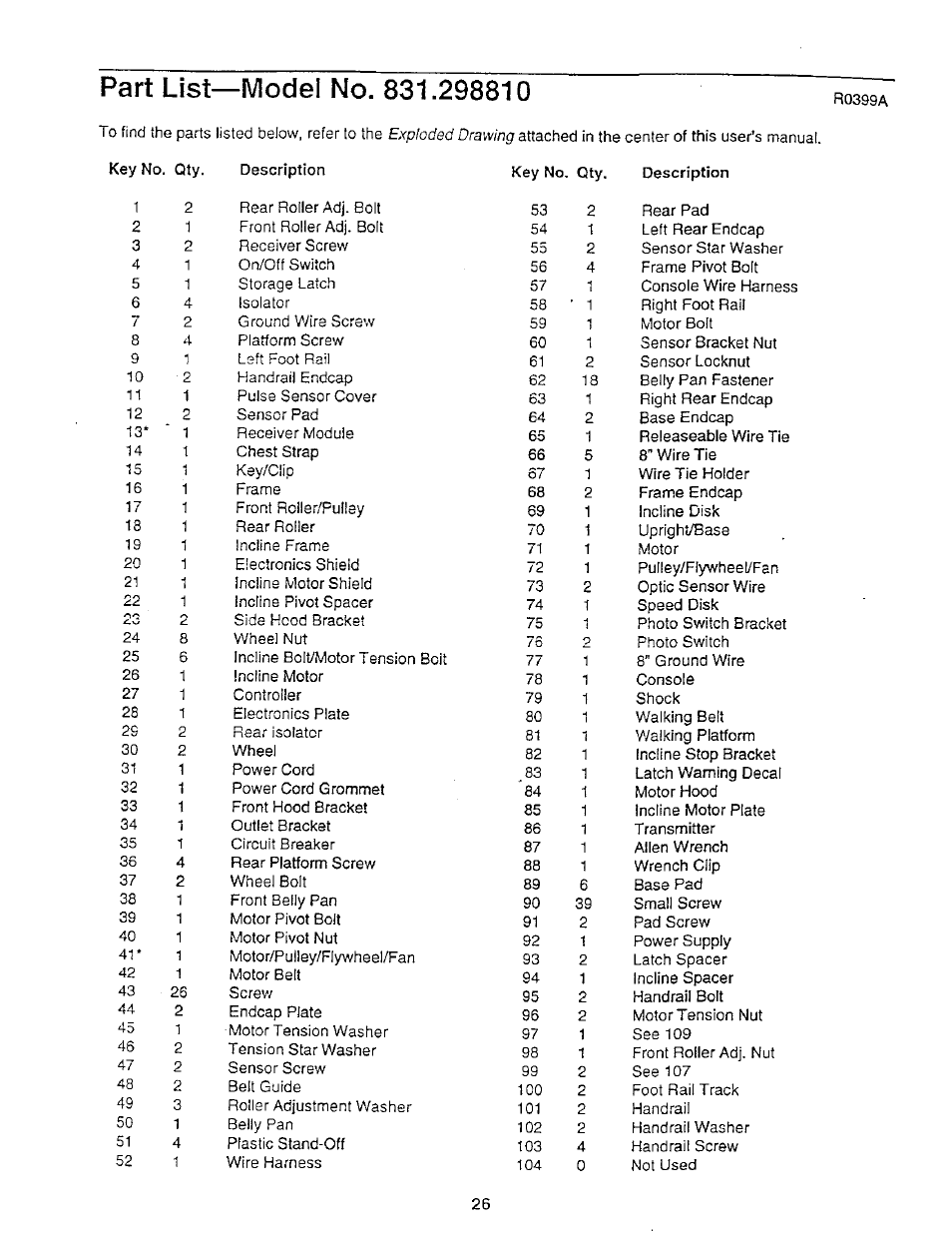 Part list—model no. 831.298810 r0399a | NordicTrack 831.29881 User Manual | Page 26 / 30