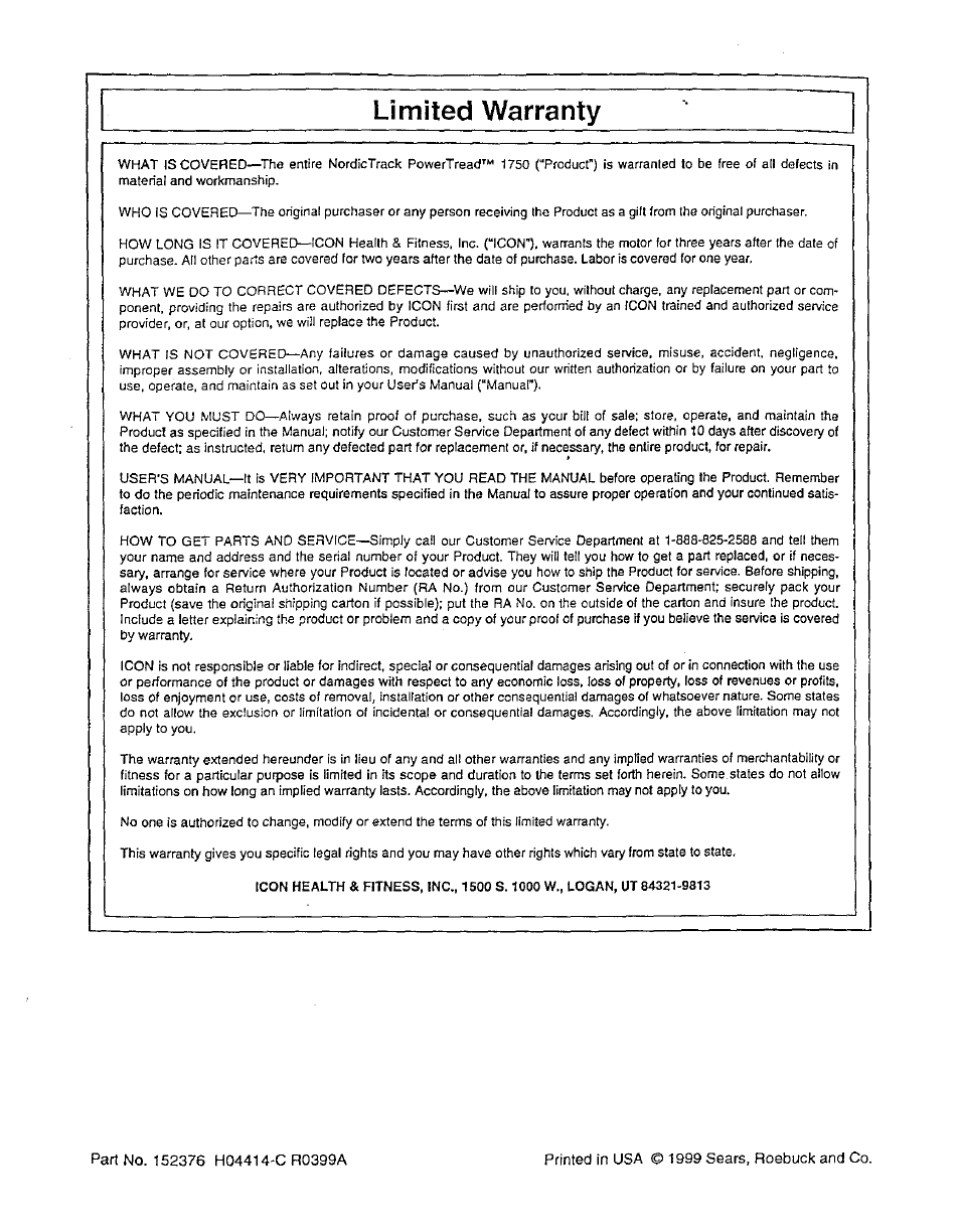 Limited warranty | NordicTrack 831.29881 User Manual | Page 30 / 30