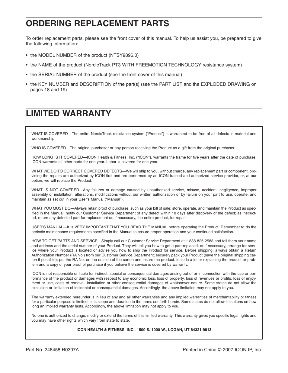 Ordering replacement parts limited warranty | NordicTrack NTSY9896.0 User Manual | Page 20 / 20