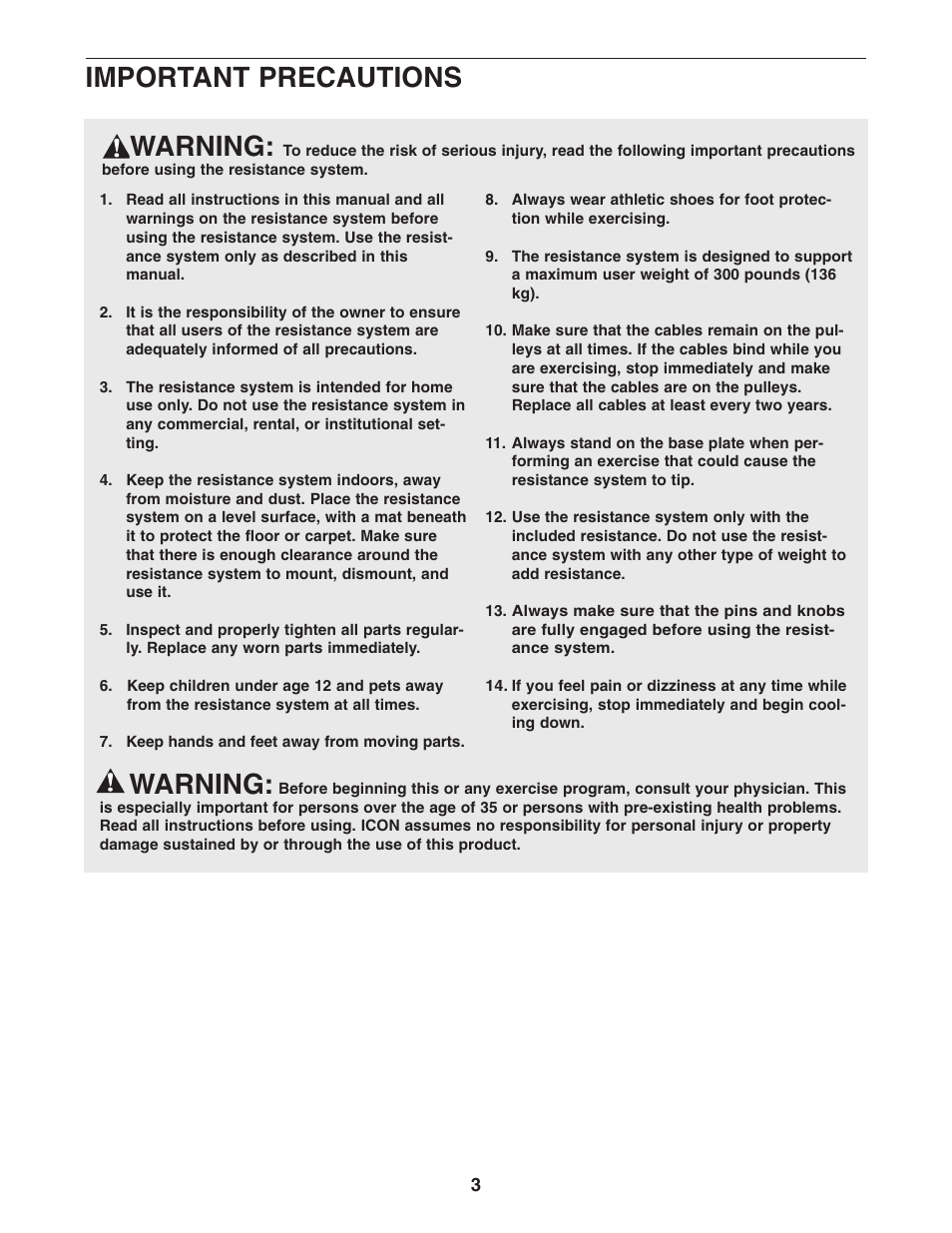 Warning, Important precautions | NordicTrack NTSY9896.0 User Manual | Page 3 / 20