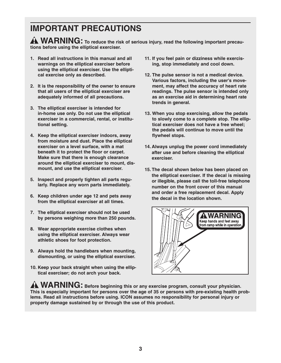 Important precautions warning, Warning | NordicTrack CX 998 NEL70950 User Manual | Page 3 / 28