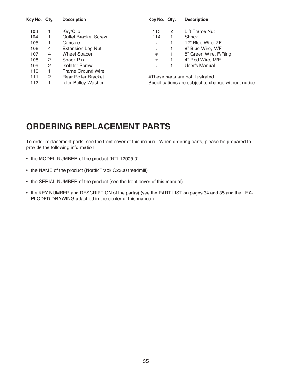 Ordering replacement parts | NordicTrack NTL12905.0 User Manual | Page 35 / 38
