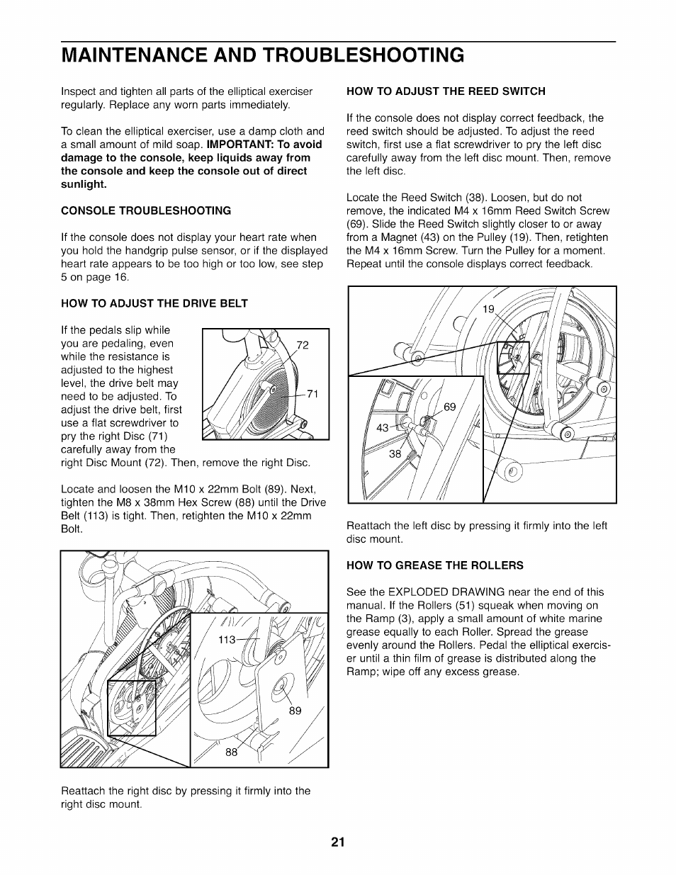 Maintenance and troubleshooting, Console troubleshooting, How to adjust the drive belt | How to adjust the reed switch, How to grease the rollers | NordicTrack E7SV NTEL07808.0 User Manual | Page 21 / 28