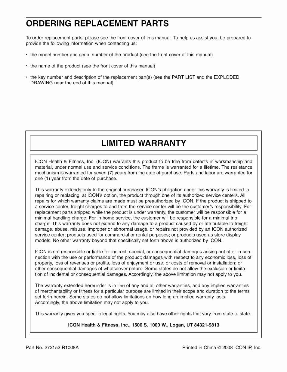 Ordering replacement parts, Limited warranty | NordicTrack E7SV NTEL07808.0 User Manual | Page 28 / 28