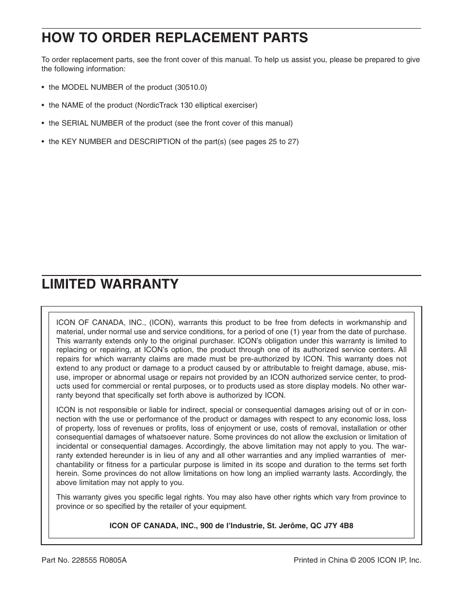 How to order replacement parts, Limited warranty | NordicTrack 30510.0 User Manual | Page 28 / 28