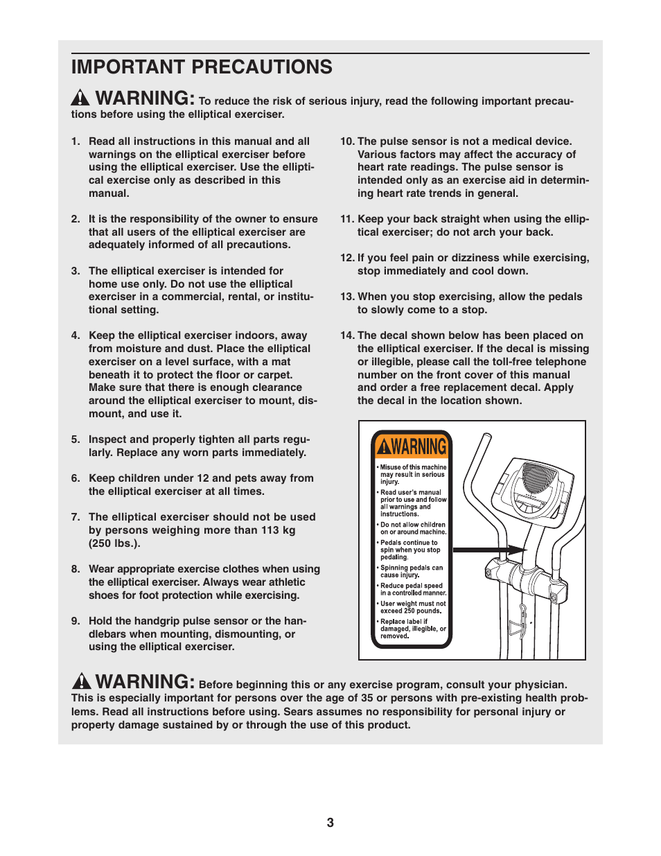 Important precautions warning, Warning | NordicTrack 30510.0 User Manual | Page 3 / 28