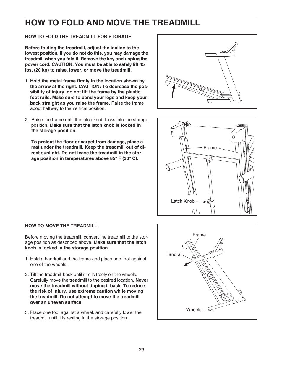 How to fold and move the treadmill | NordicTrack A2550 NTL09107.0 User Manual | Page 23 / 36