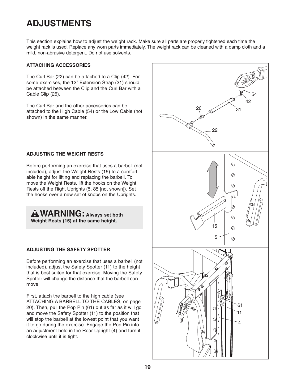Adjustments, Warning | NordicTrack NTB49030 User Manual | Page 19 / 31