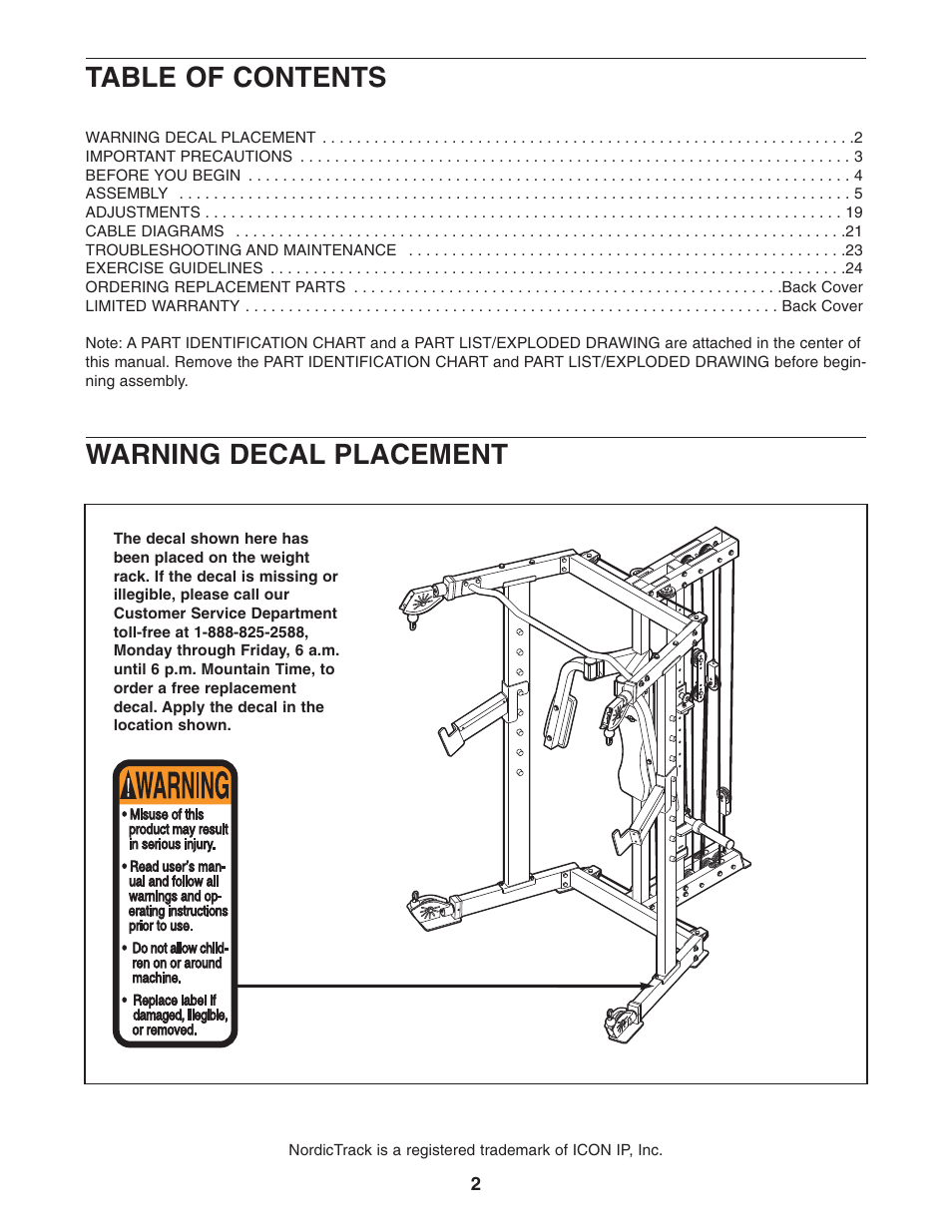 Table of contents warning decal placement | NordicTrack NTB49030 User Manual | Page 2 / 31