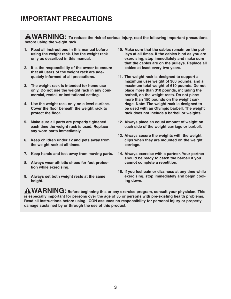 Warning, Important precautions | NordicTrack NTB49030 User Manual | Page 3 / 31