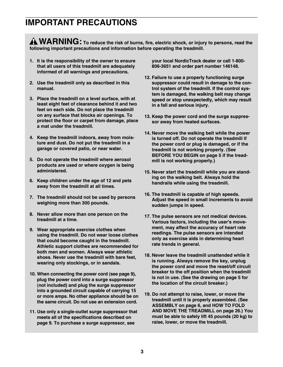 Warning, Important precautions | NordicTrack NTL22940 User Manual | Page 3 / 38