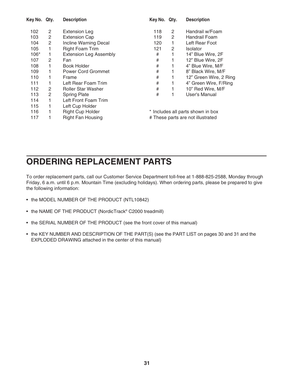 Ordering replacement parts | NordicTrack C2000 NTL10842 User Manual | Page 31 / 34
