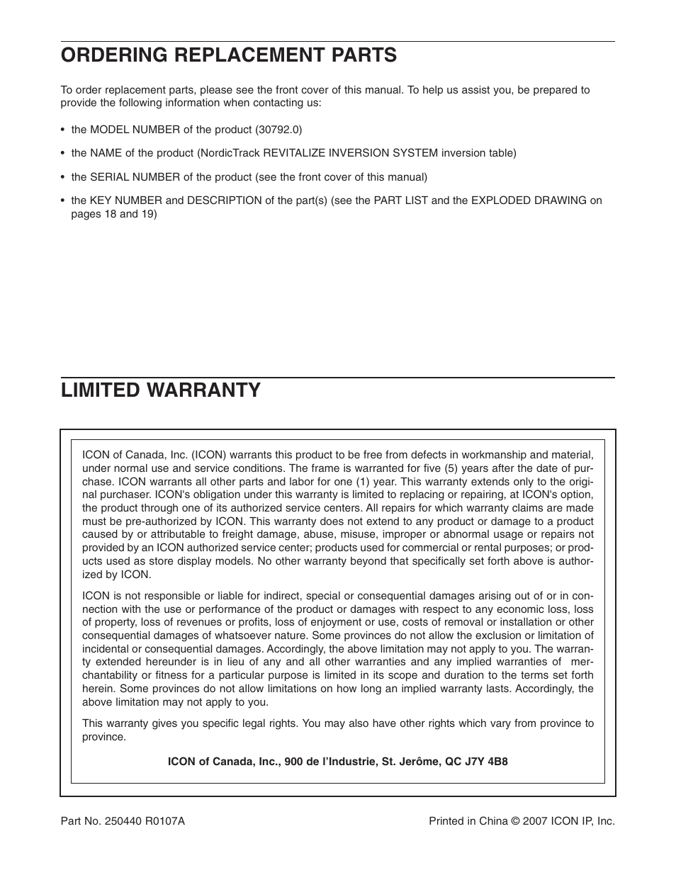Ordering replacement parts limited warranty | NordicTrack 30792.0 User Manual | Page 20 / 20