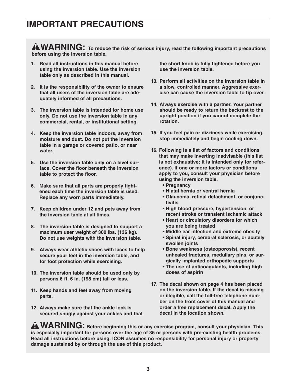 Warning, Important precautions | NordicTrack 30792.0 User Manual | Page 3 / 20