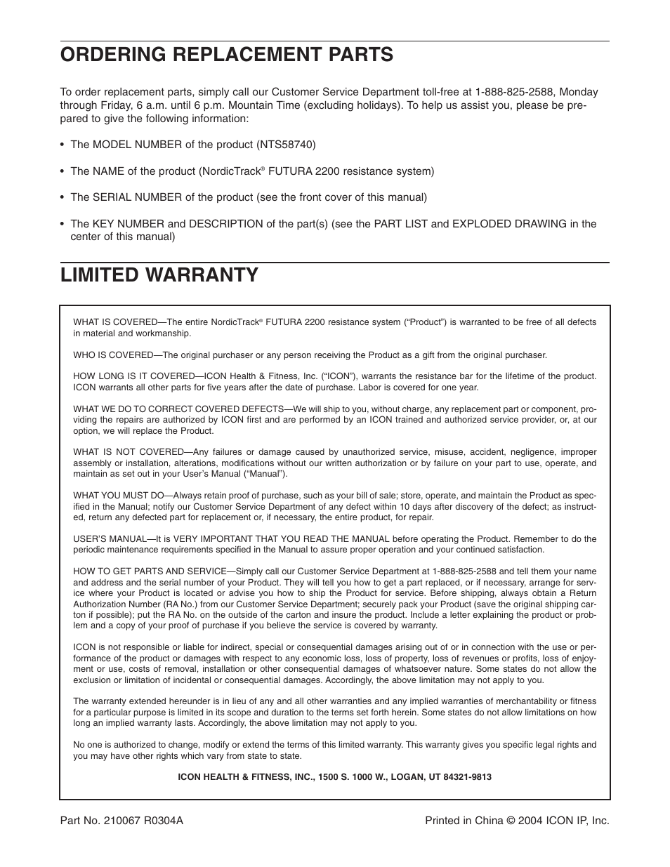 Ordering replacement parts limited warranty | NordicTrack NTS58740 User Manual | Page 27 / 27