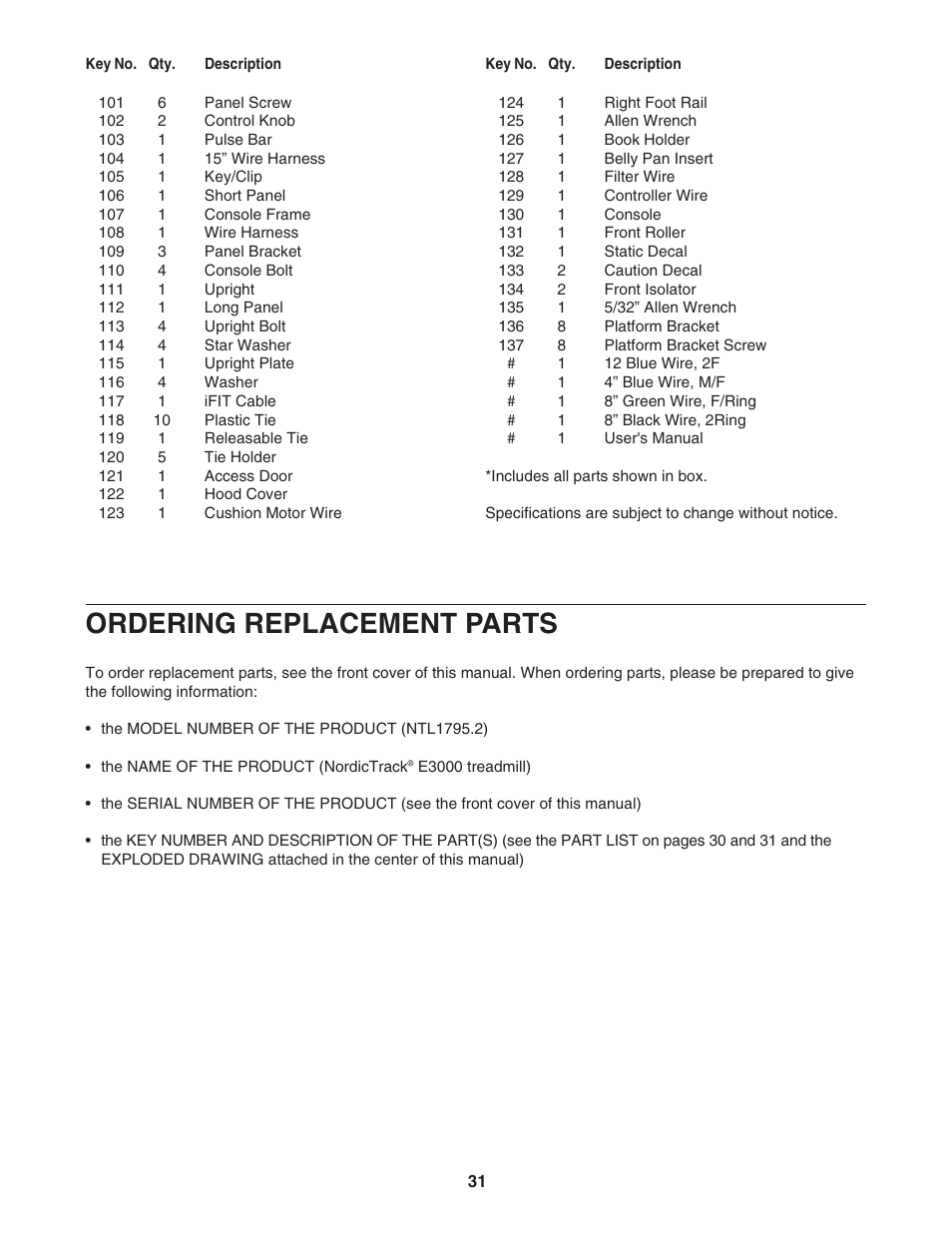 Ordering replacement parts | NordicTrack NTL1795.2 User Manual | Page 31 / 34