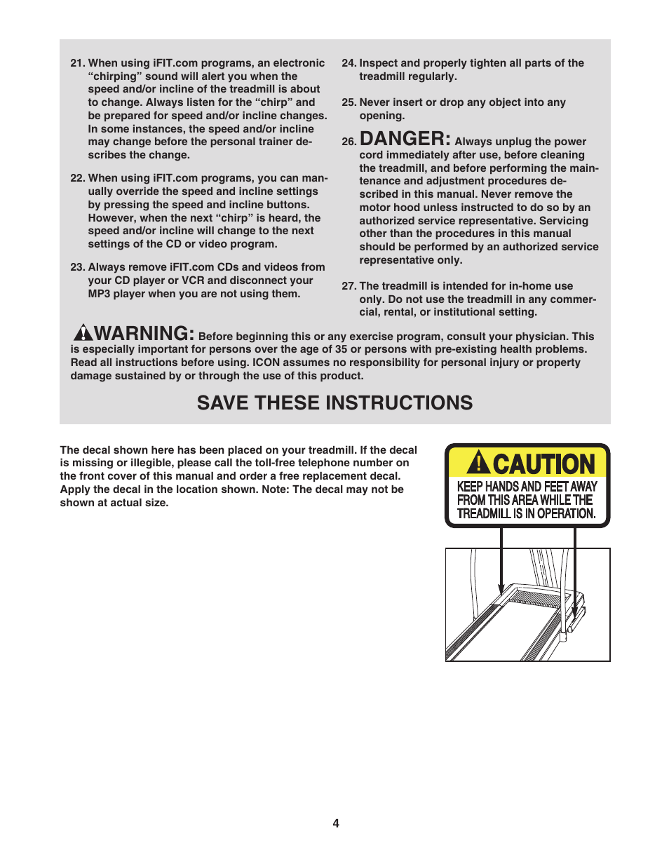 Danger, Warning, Save these instructions | NordicTrack NTL1795.2 User Manual | Page 4 / 34