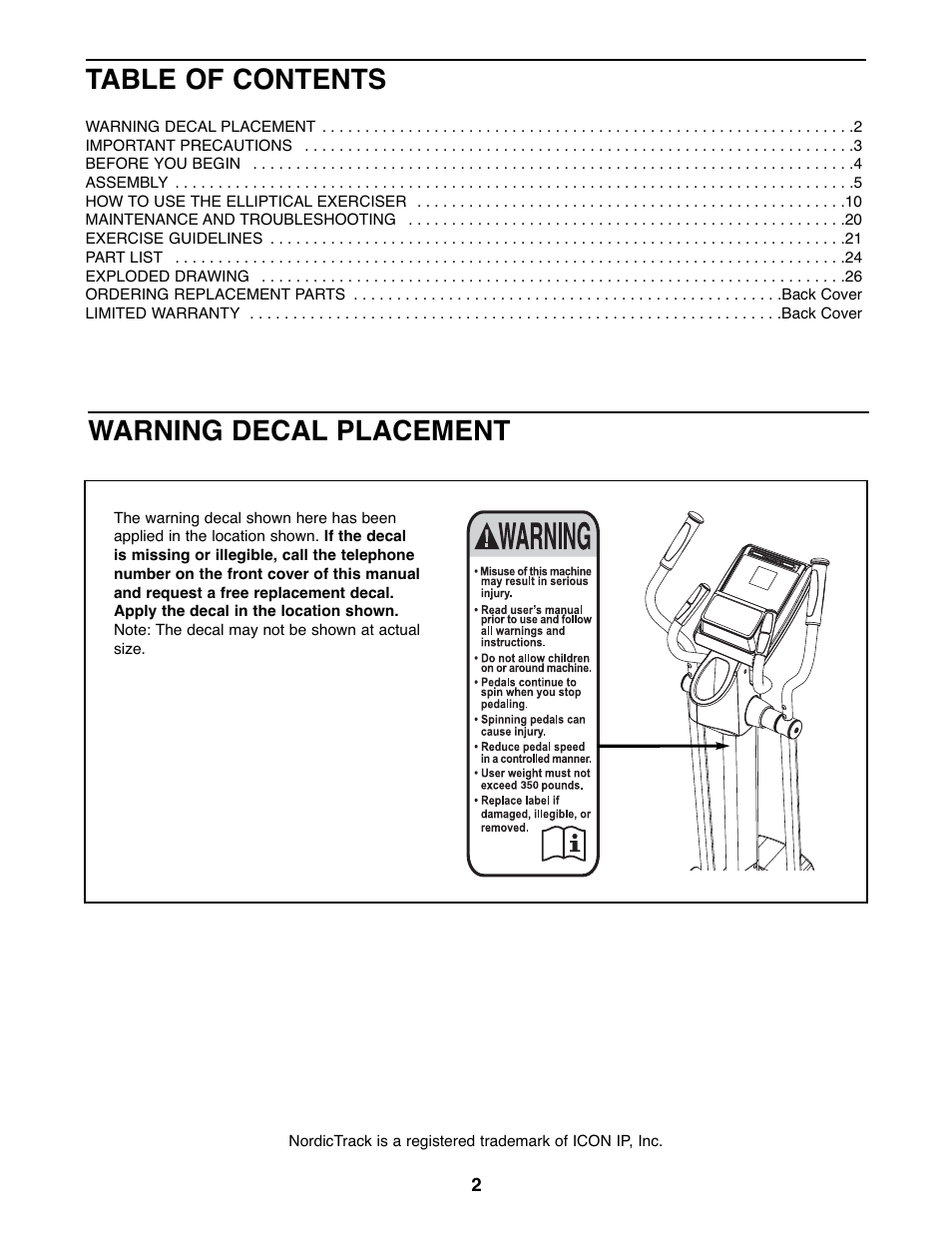 NordicTrack COMMERCIAL NTEL16907.0 User Manual | Page 2 / 28