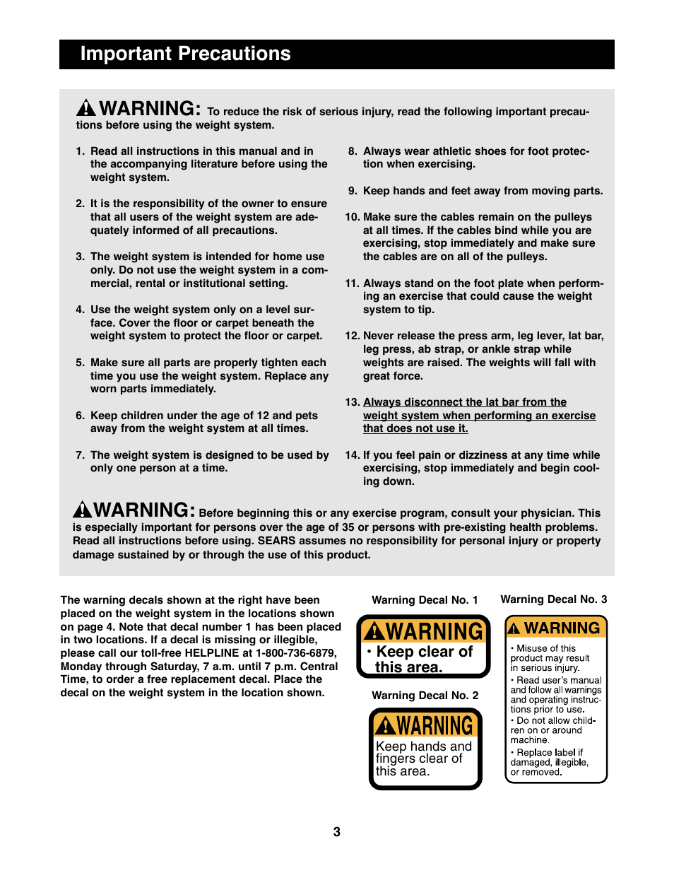 Important precautions, Warning, Keep clear of this area | NordicTrack 831.159760 User Manual | Page 3 / 33