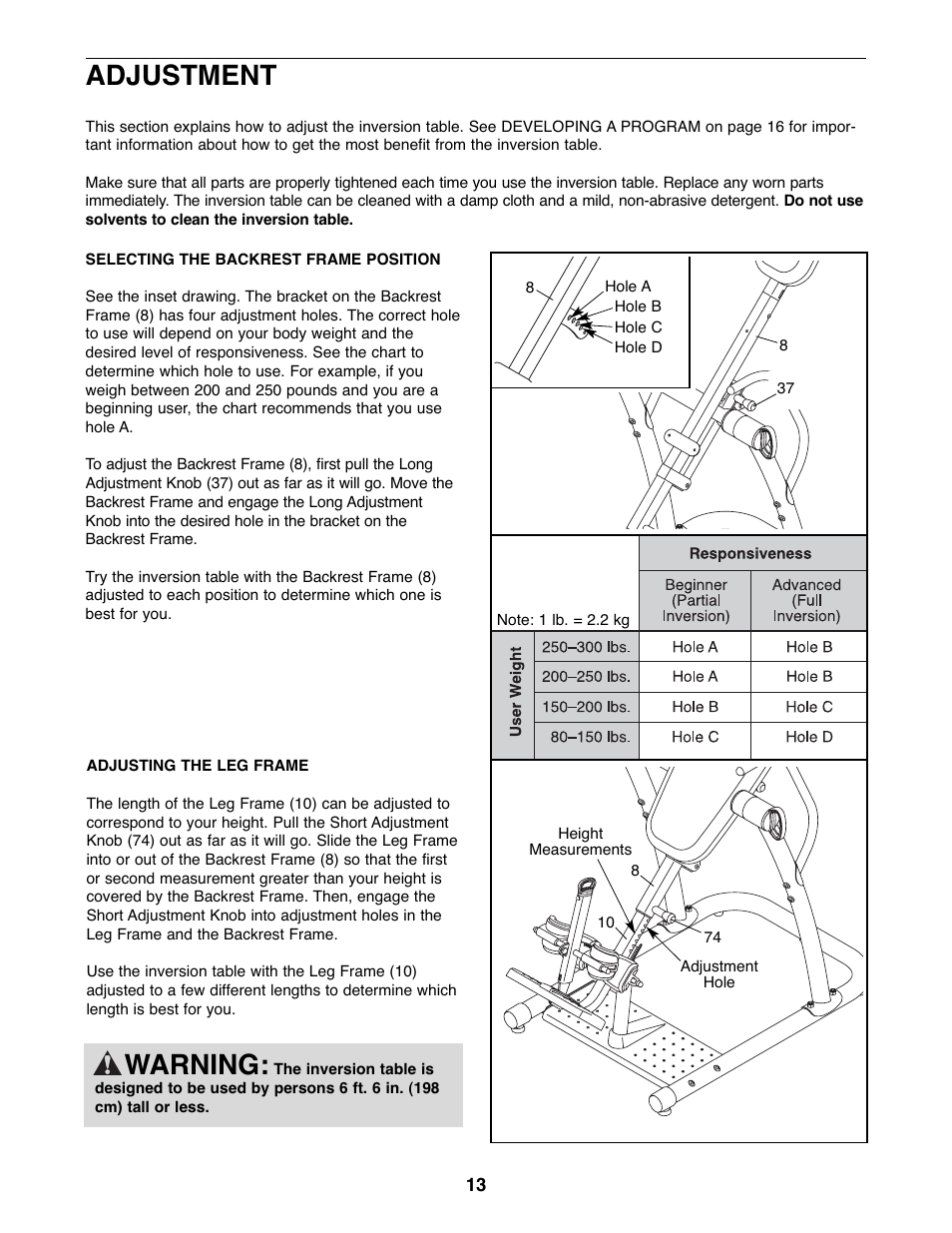 Adjustment, Warning | NordicTrack 831.14595.5 User Manual | Page 13 / 20