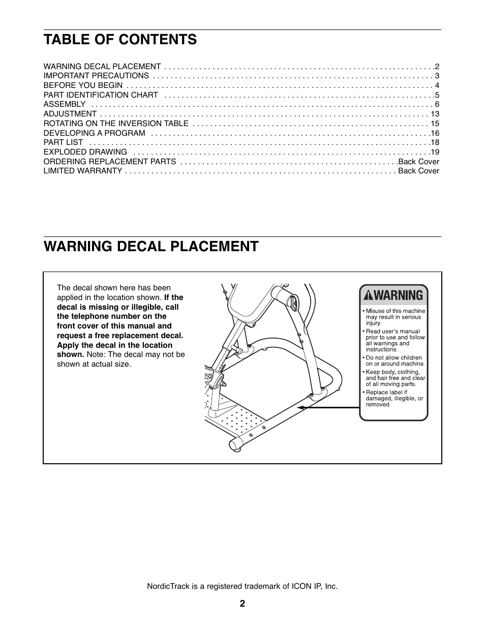 Table of contents warning decal placement | NordicTrack 831.14595.5 User Manual | Page 2 / 20