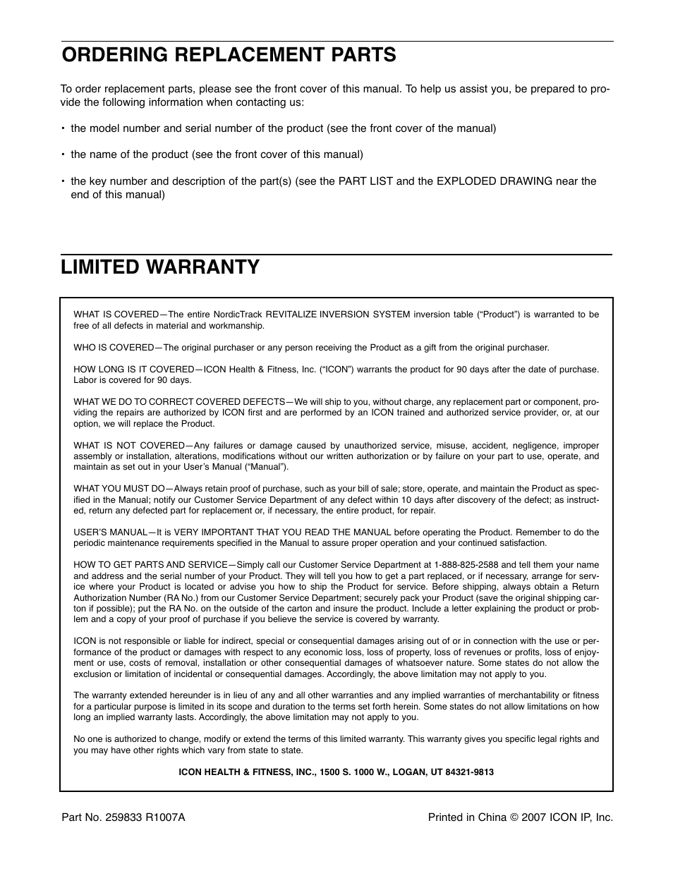 Ordering replacement parts, Limited warranty | NordicTrack 831.14595.5 User Manual | Page 20 / 20