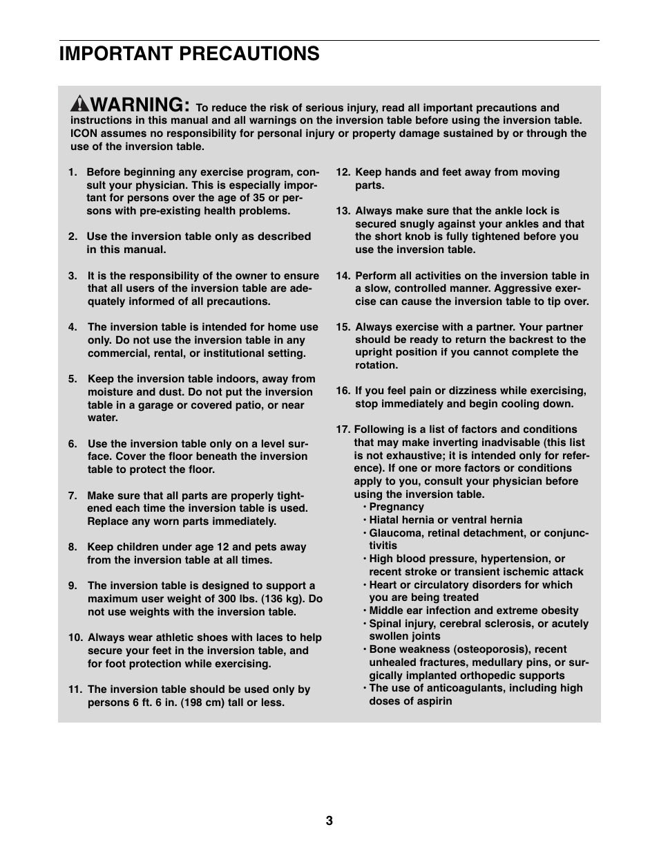 Warning, Important precautions | NordicTrack 831.14595.5 User Manual | Page 3 / 20