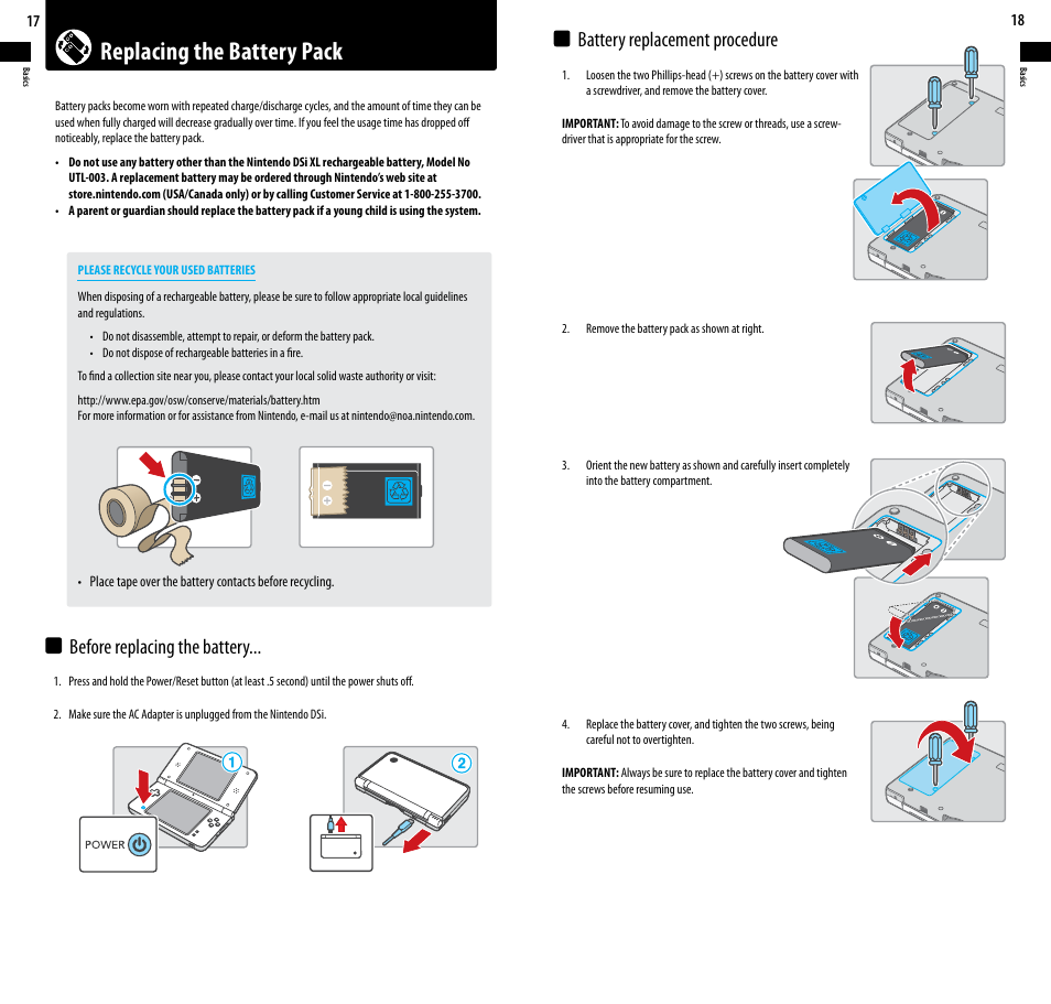 Replacing the battery pack | Nintendo DSi XL User Manual | Page 10 / 56