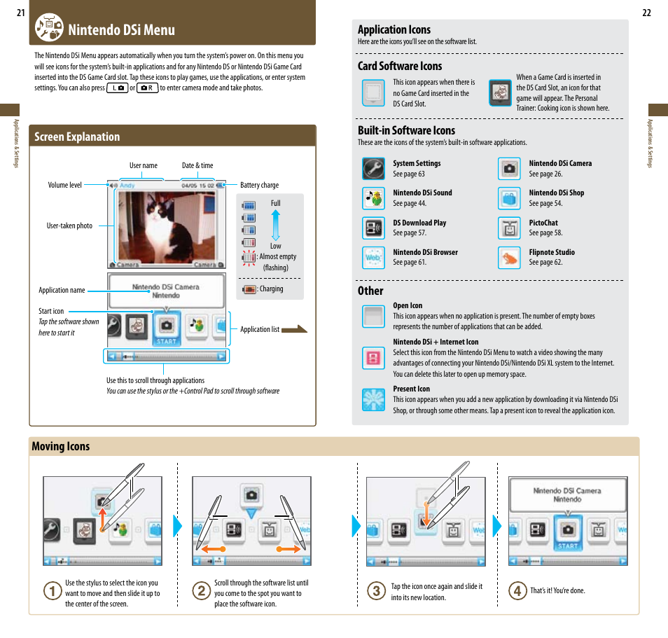 Nintendo dsi menu, Screen explanation, Moving icons | Application icons, Card software icons, Built-in software icons, Other | Nintendo DSi XL User Manual | Page 12 / 56