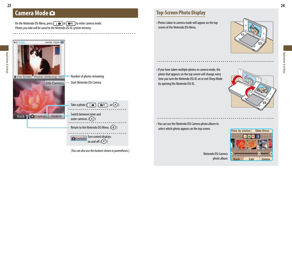 Camera mode, Top-screen photo display | Nintendo DSi XL User Manual | Page 13 / 56