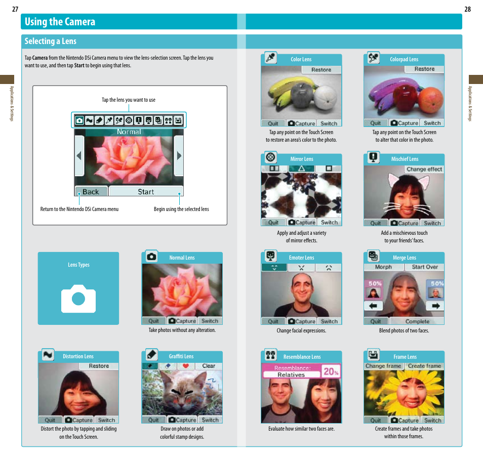 Using the camera, Selecting a lens | Nintendo DSi XL User Manual | Page 15 / 56