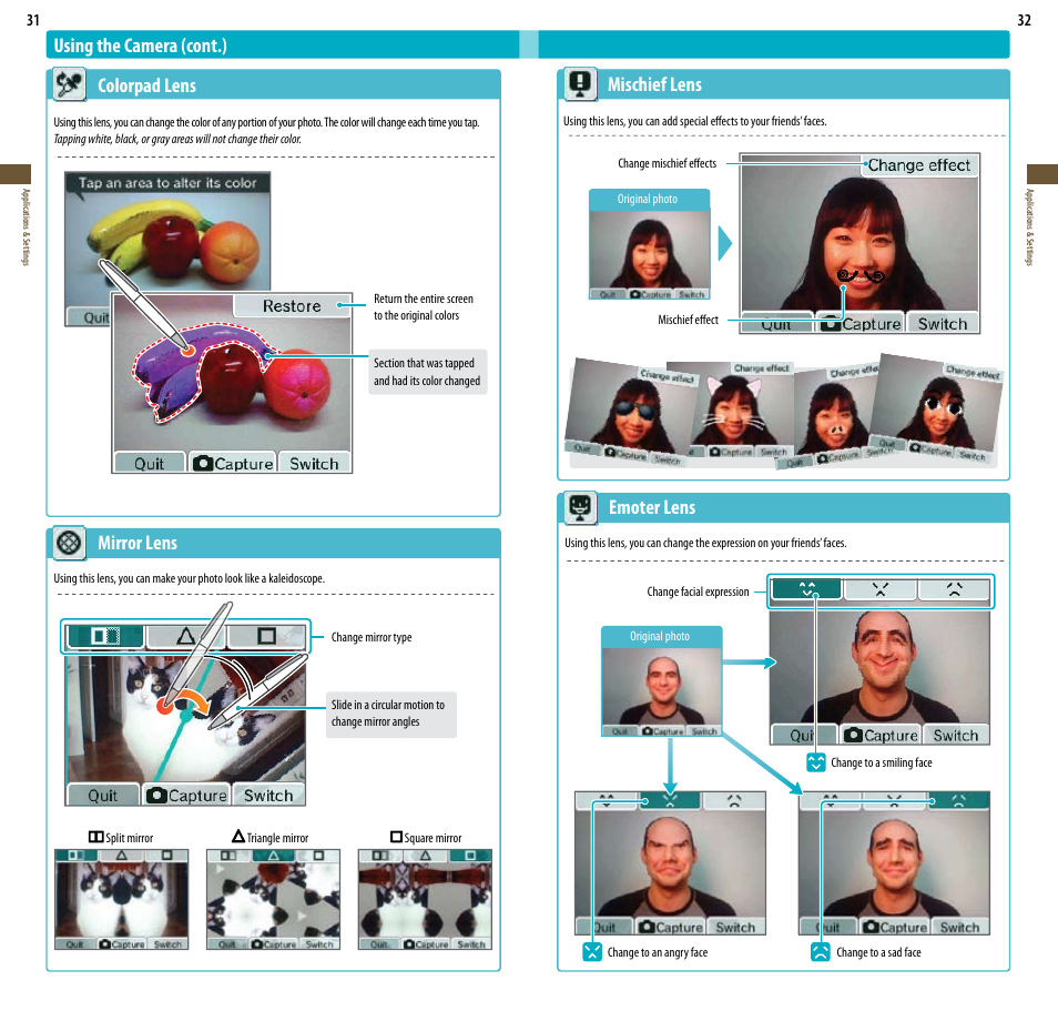 Using the camera (cont.) colorpad lens, Mirror lens, Mischief lens | Emoter lens | Nintendo DSi XL User Manual | Page 17 / 56