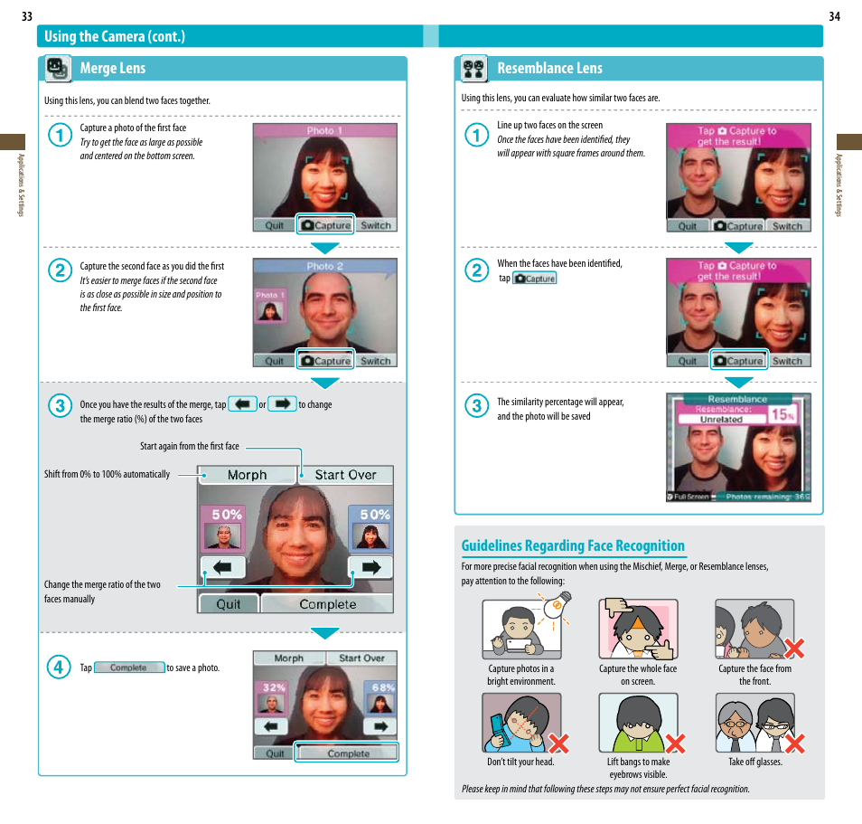 Resemblance lens, Guidelines regarding face recognition, Using the camera (cont.) merge lens | Nintendo DSi XL User Manual | Page 18 / 56