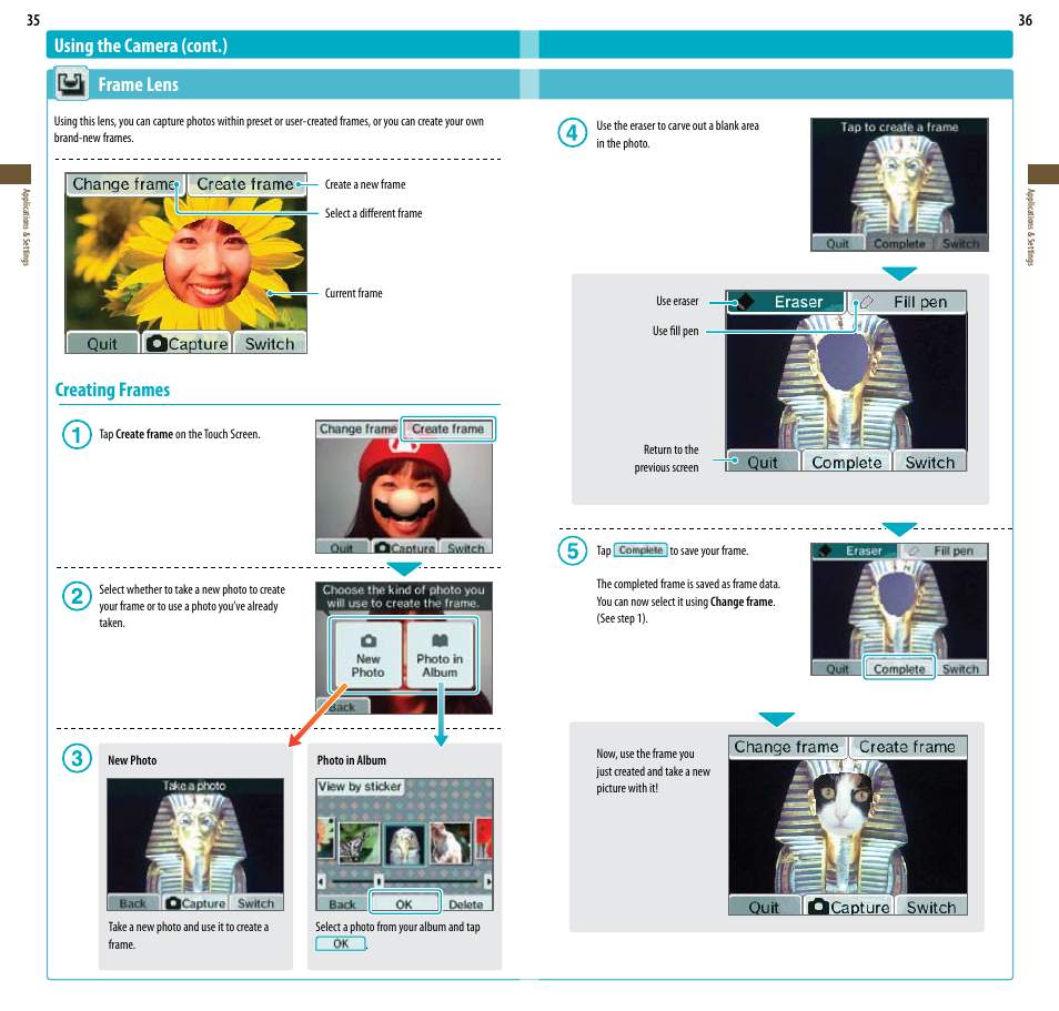 Using the camera (cont.) frame lens, Creating frames | Nintendo DSi XL User Manual | Page 19 / 56