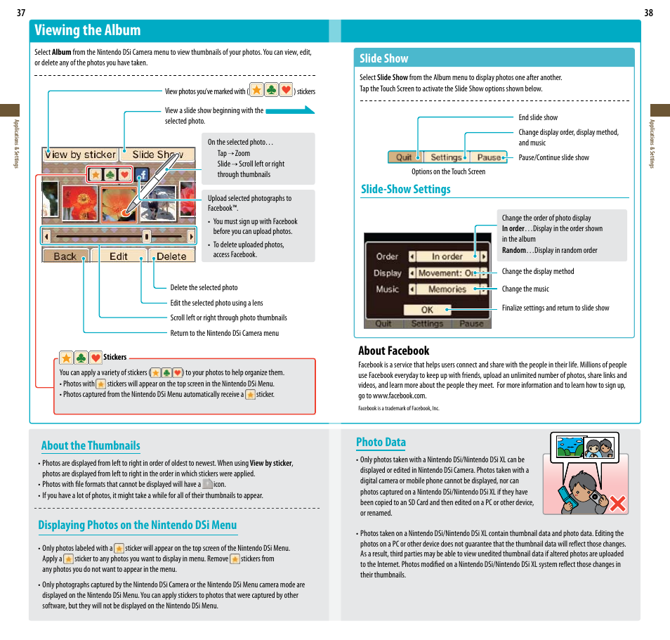 Viewing the album, About the thumbnails, Displaying photos on the nintendo dsi menu | Photo data, Slide show, Slide-show settings, About facebook | Nintendo DSi XL User Manual | Page 20 / 56