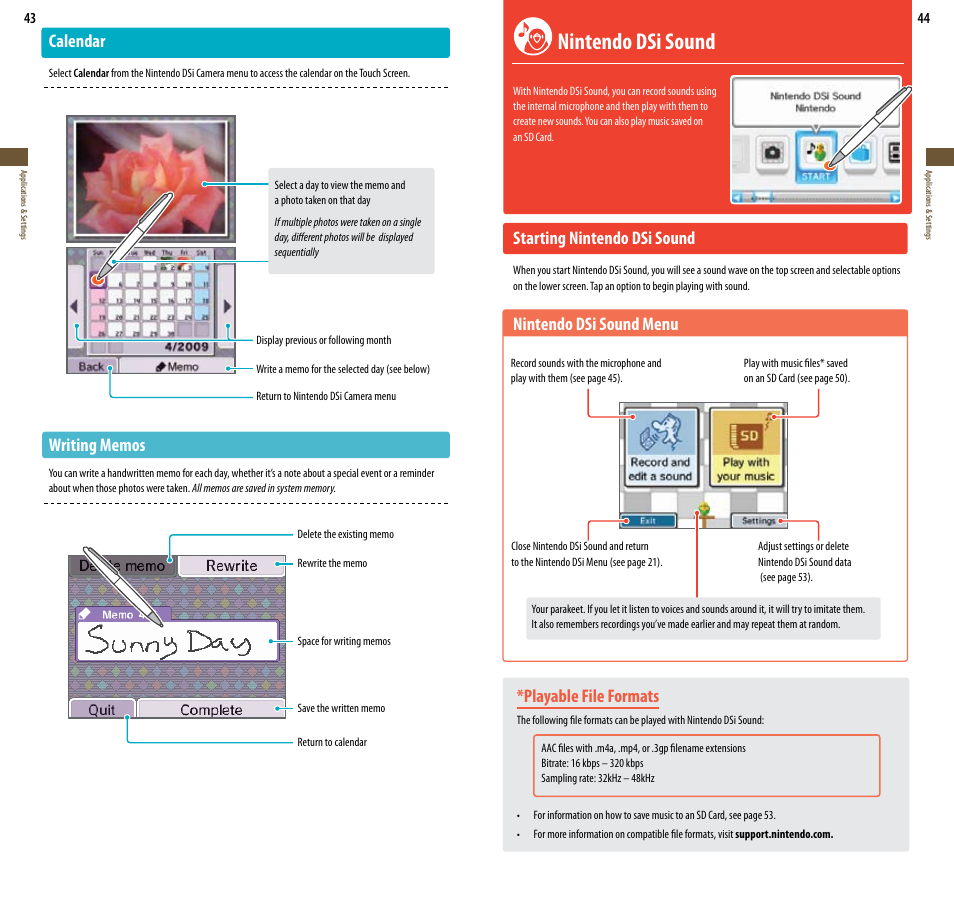 Nintendo dsi sound, Calendar, Playable file formats | Starting nintendo dsi sound, Nintendo dsi sound menu | Nintendo DSi XL User Manual | Page 23 / 56