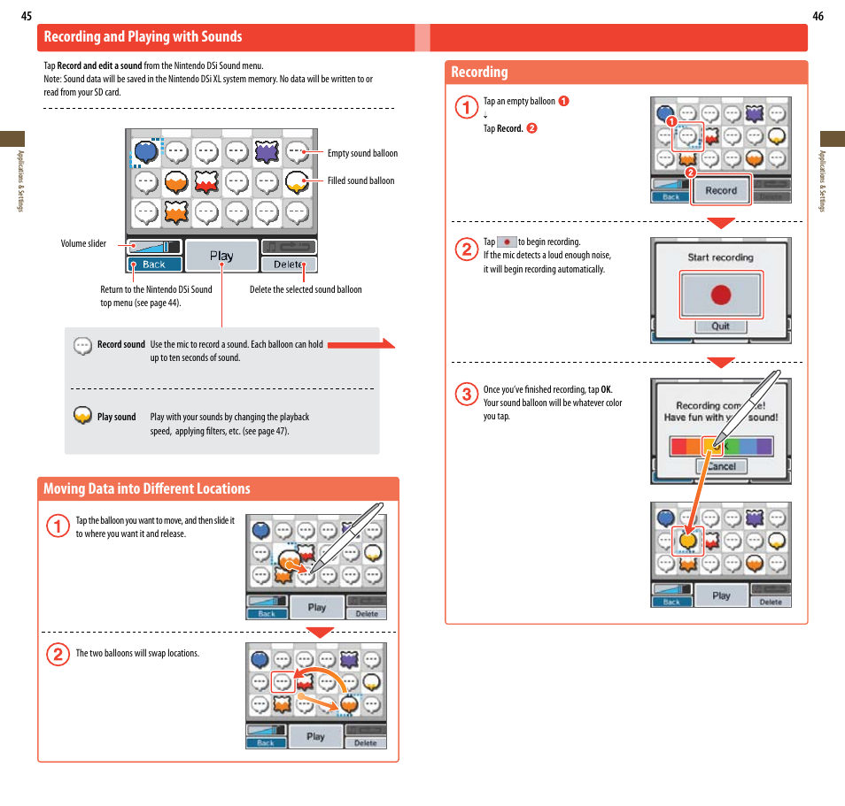 Moving data into different locations, Recording and playing with sounds, Recording | Nintendo DSi XL User Manual | Page 24 / 56