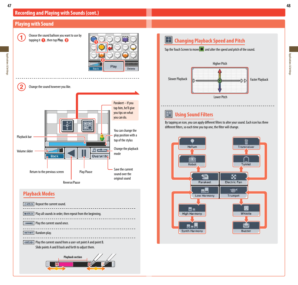 Playback modes, Using sound filters, Changing playback speed and pitch | Nintendo DSi XL User Manual | Page 25 / 56