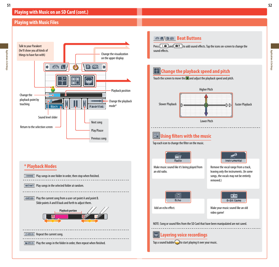 Playback modes, Layering voice recordings, Beat buttons | Change the playback speed and pitch, Using filters with the music | Nintendo DSi XL User Manual | Page 27 / 56