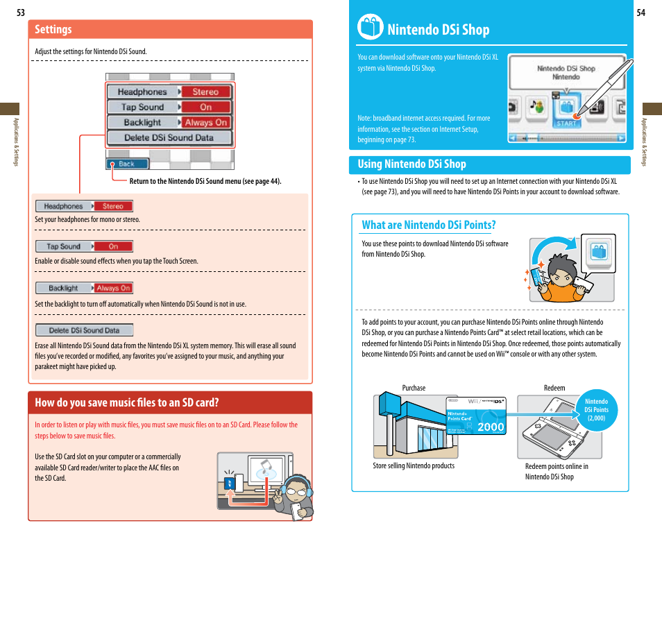 Nintendo dsi shop, Settings, How do you save music files to an sd card | Using nintendo dsi shop, What are nintendo dsi points | Nintendo DSi XL User Manual | Page 28 / 56