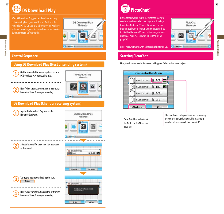 Ds download play, Pictochat, Ds download play (client or receiving system) | Starting pictochat | Nintendo DSi XL User Manual | Page 30 / 56