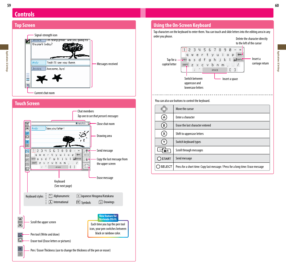 Controls, Top screen, Touch screen | Using the on-screen keyboard | Nintendo DSi XL User Manual | Page 31 / 56