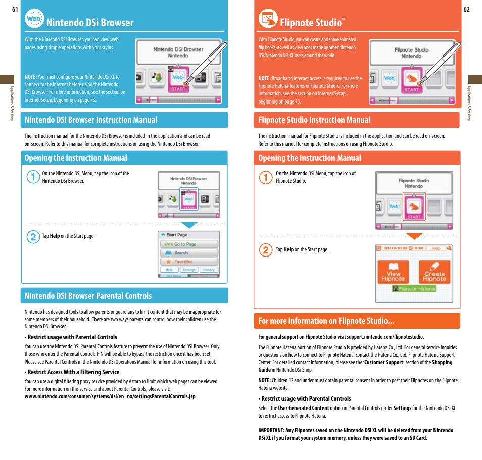 Nintendo dsi browser, Nintendo dsi browser instruction manual, Opening the instruction manual | Nintendo dsi browser parental controls | Nintendo DSi XL User Manual | Page 32 / 56