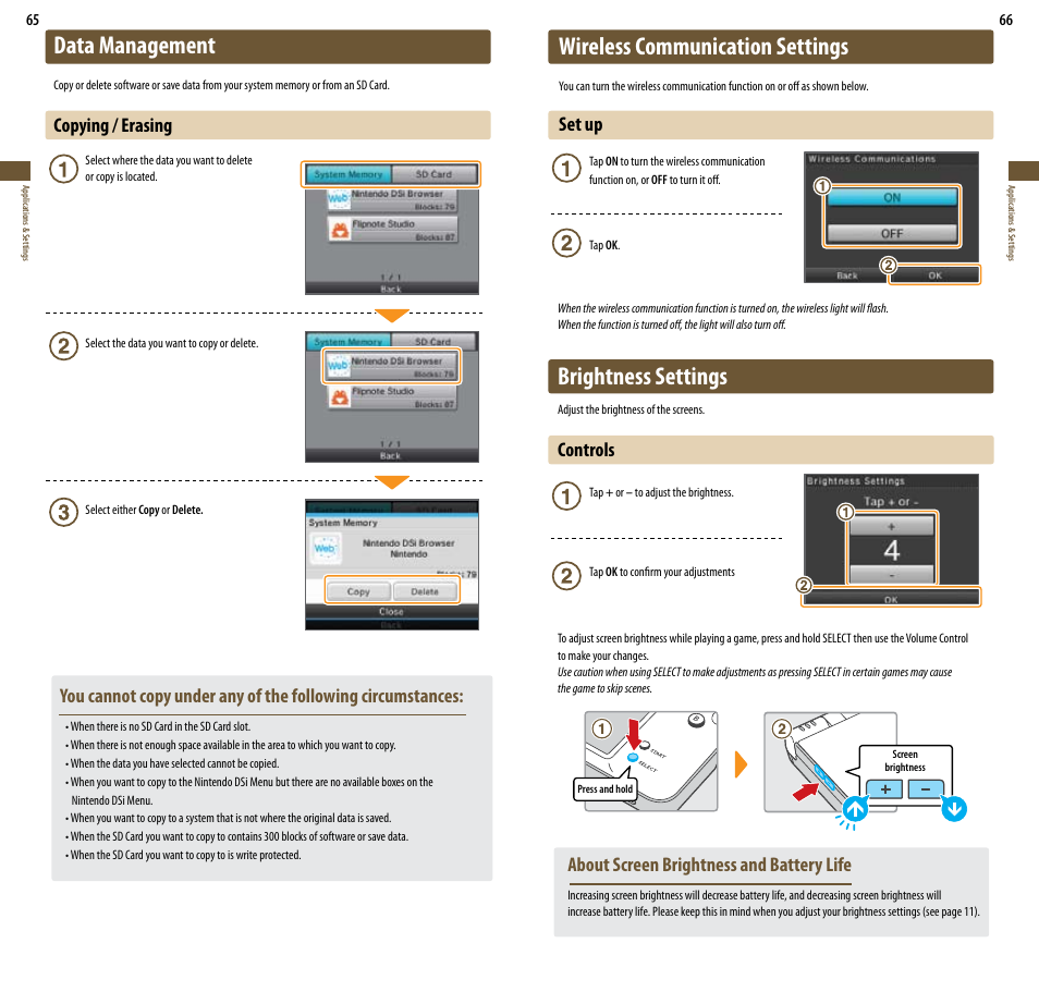 Data management, Wireless communication settings, Brightness settings | Copying / erasing, Set up, Controls, About screen brightness and battery life | Nintendo DSi XL User Manual | Page 34 / 56