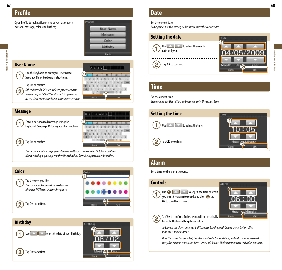 Profile, Date, Time | Alarm, User name, Message, Color, Birthday, Setting the date, Setting the time | Nintendo DSi XL User Manual | Page 35 / 56